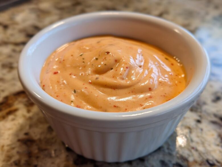 Close-up of creamy, orange-hued big mac sauce speckled with spices, served in a small white dipping bowl.