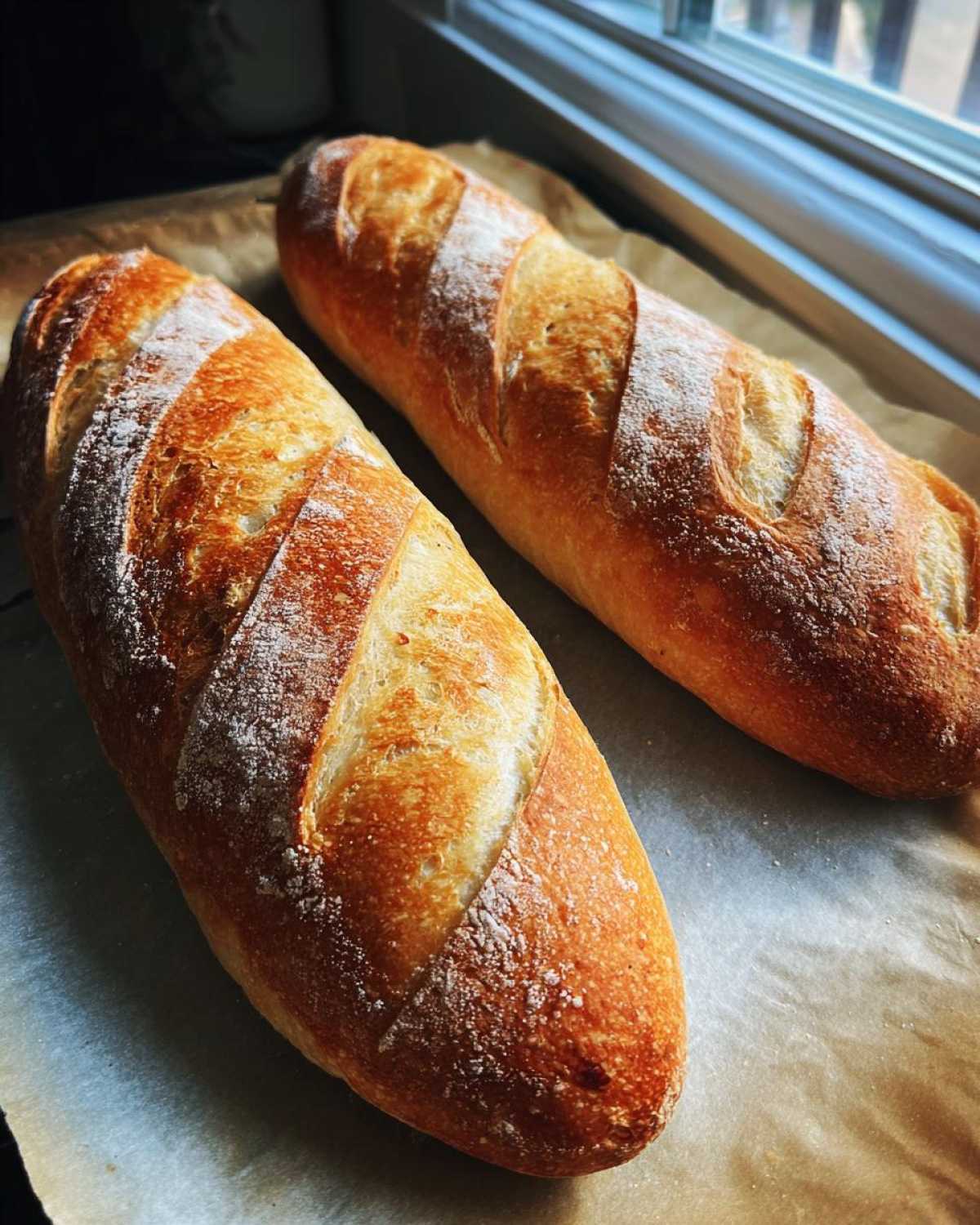 Two golden-brown loaves of freshly baked French bread resting on parchment paper near a window.