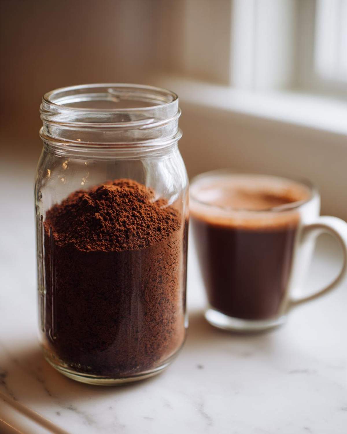 A glass mason jar filled with rich, dark brown homemade hot cocoa mix next to a mug of prepared hot chocolate.