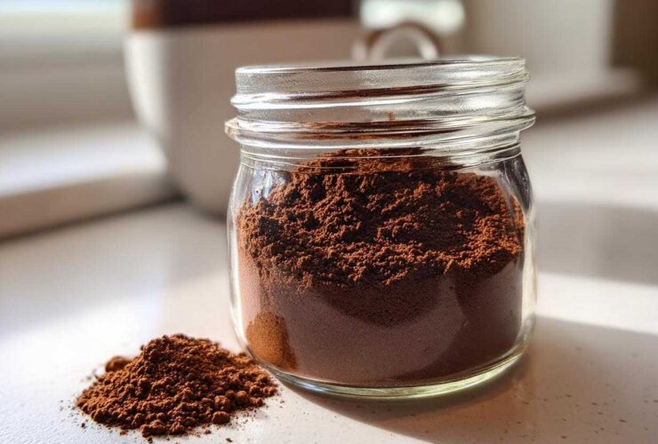 A glass jar filled with rich brown homemade hot cocoa mix, with a small pile spilled next to it.