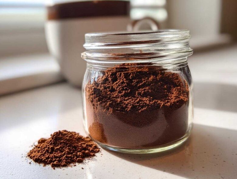 A glass jar filled with rich brown homemade hot cocoa mix, with a small pile spilled next to it.