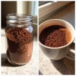 A split image showing homemade hot cocoa mix stored in a mason jar and a serving of hot cocoa mix powder in a white mug.