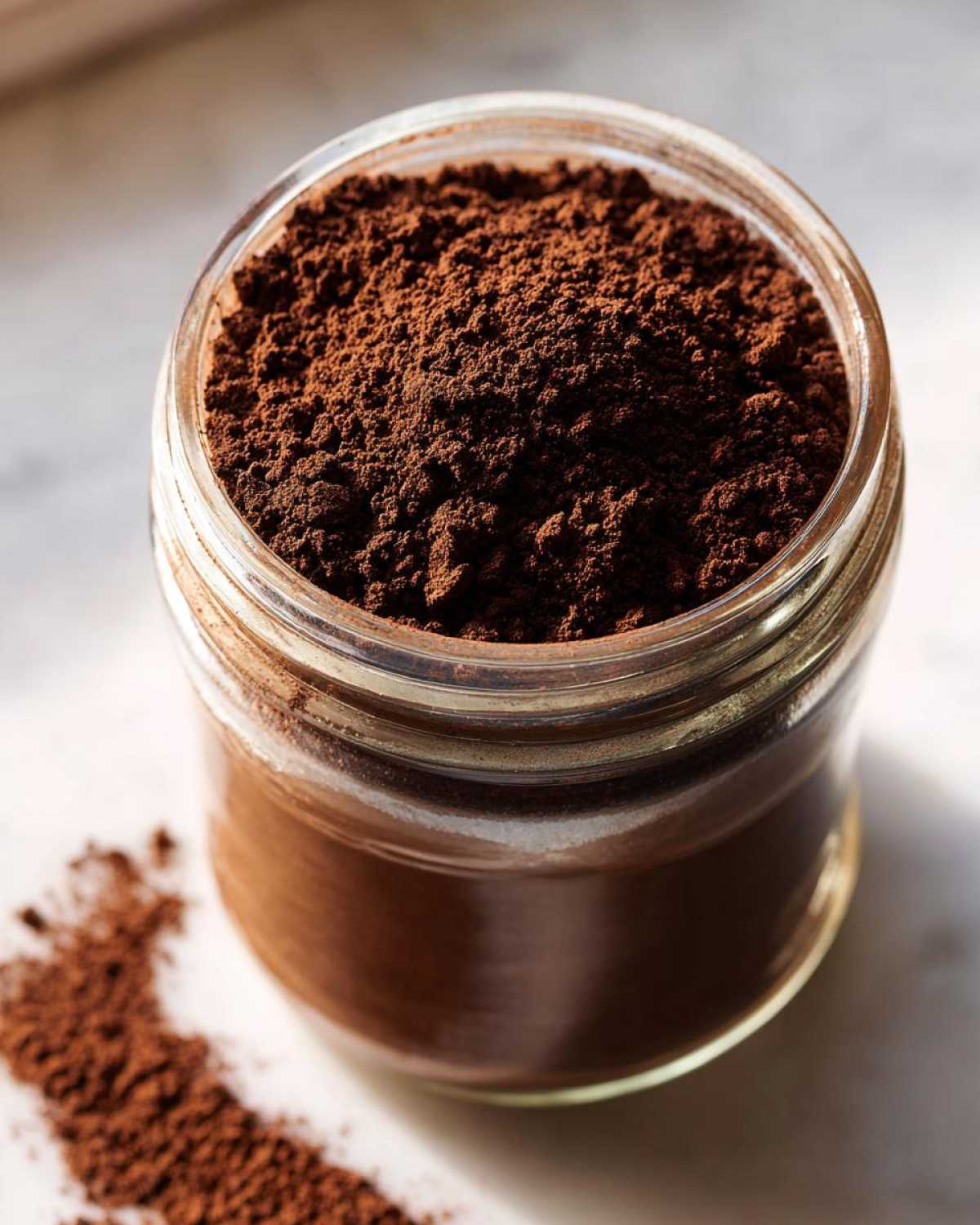 Close-up of rich brown hot cocoa mix powder filling a small glass jar, with some powder spilled beside it.