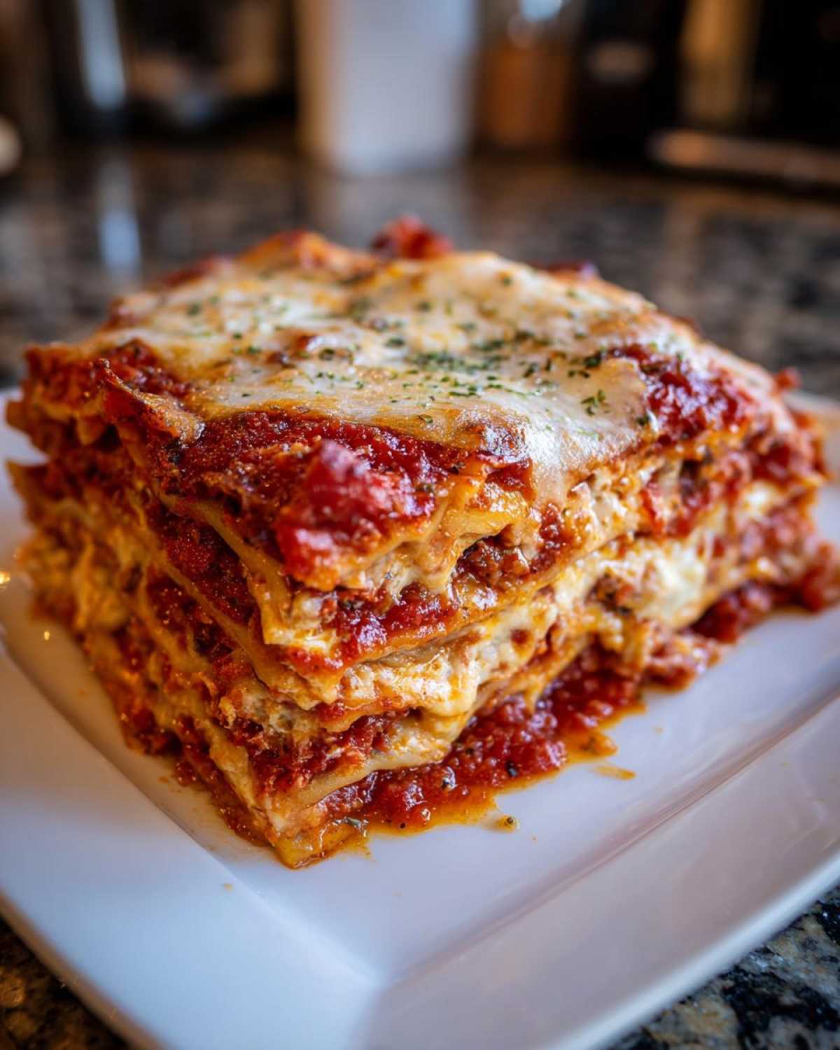 A thick, layered slice of homemade lasagna featuring rich meat sauce and melted mozzarella cheese topping.