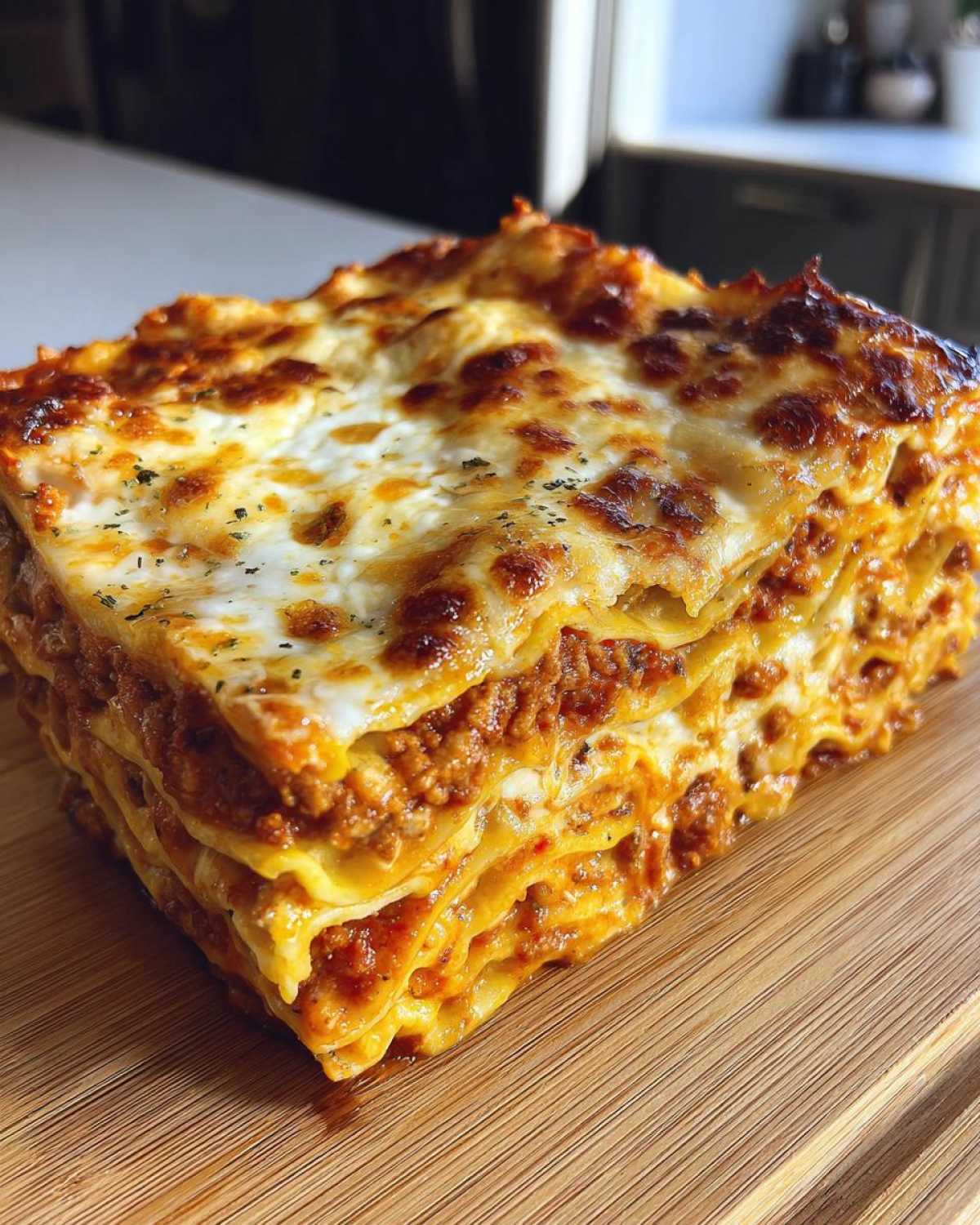 A thick, multi-layered slice of homemade lasagna showing rich meat sauce and golden, bubbly cheese topping.
