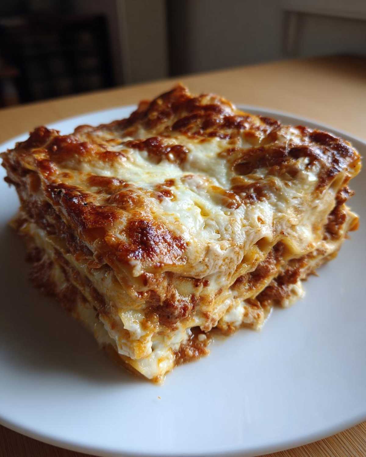 A thick, multi-layered slice of homemade lasagna with a bubbly, browned cheese top.