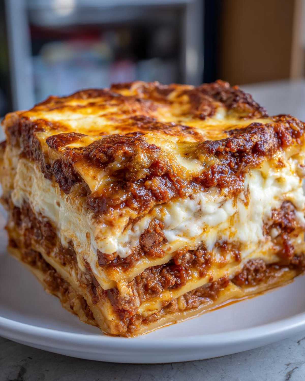 A thick, layered slice of homemade lasagna featuring rich meat sauce and melted, browned cheese.
