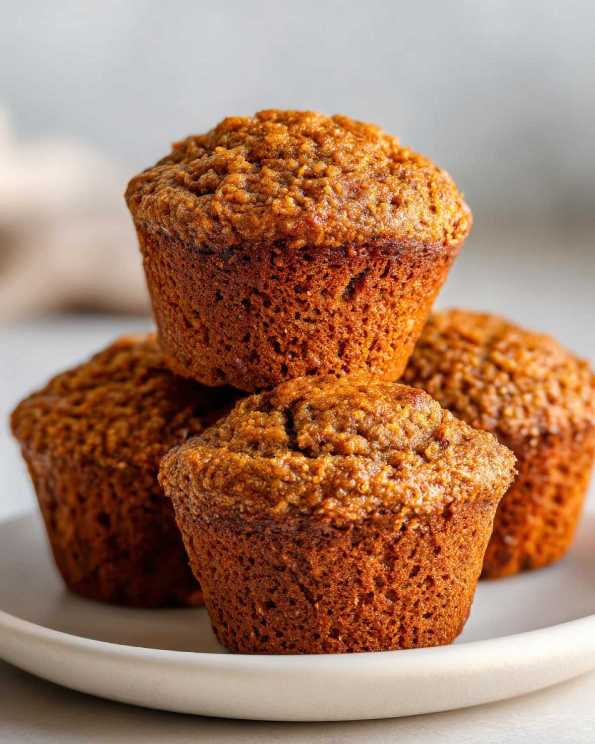 A stack of three golden-brown, moist honey bran muffins sitting on a white plate.