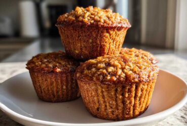 Three golden brown honey bran muffins stacked on a white plate, featuring a textured, slightly sticky top.