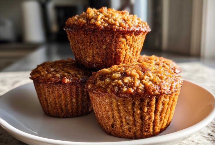 Three golden brown honey bran muffins stacked on a white plate, featuring a textured, slightly sticky top.
