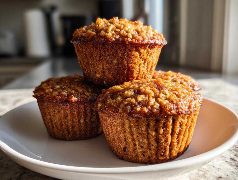 Three golden brown honey bran muffins stacked on a white plate, featuring a textured, slightly sticky top.