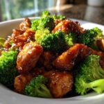 Close-up of glossy, glazed chicken and bright green broccoli florets, a perfect plate of chicken and broccoli.