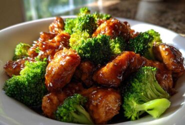 Close-up of glossy, glazed chicken and bright green broccoli florets, a perfect plate of chicken and broccoli.