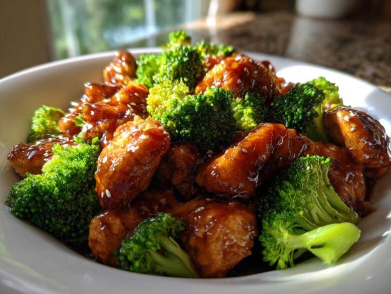 Close-up of glossy, glazed chicken and bright green broccoli florets, a perfect plate of chicken and broccoli.