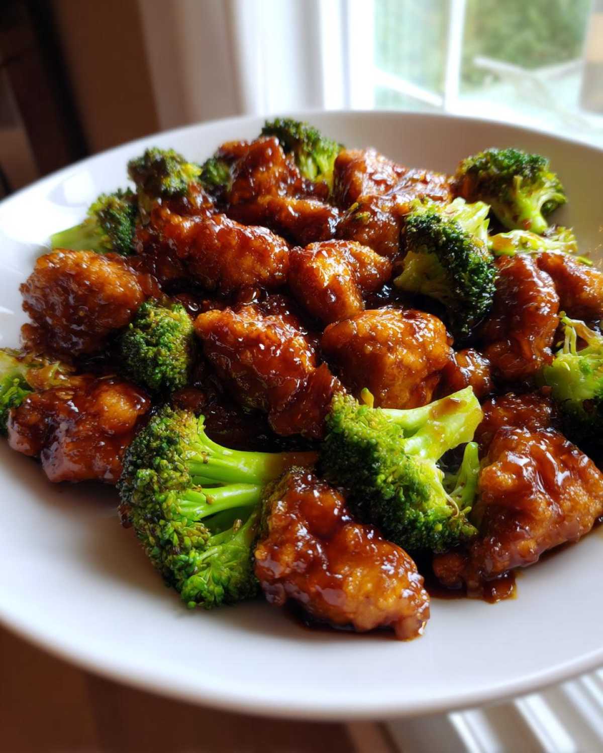 Close-up of glossy, saucy chicken and bright green broccoli florets, featuring the honey garlic chicken and broccoli dish.