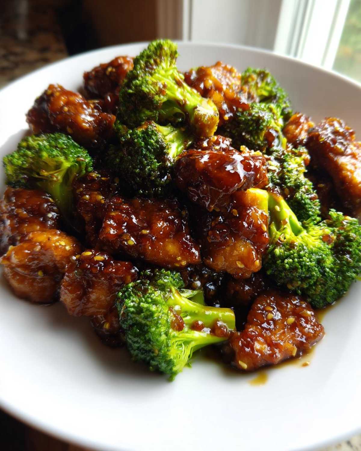 Close-up of glossy honey garlic chicken and broccoli pieces coated in a dark sauce, served in a white bowl.