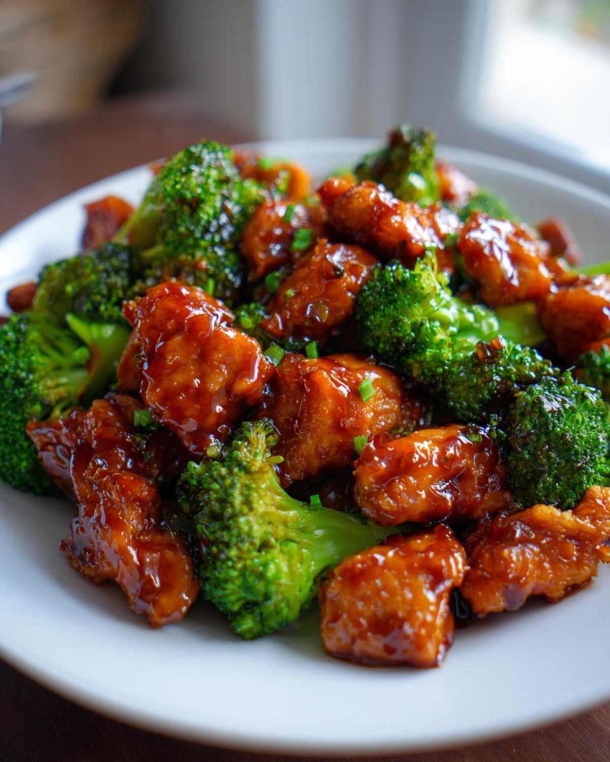 Close-up of glossy, saucy honey garlic chicken and broccoli florets served on a white plate.