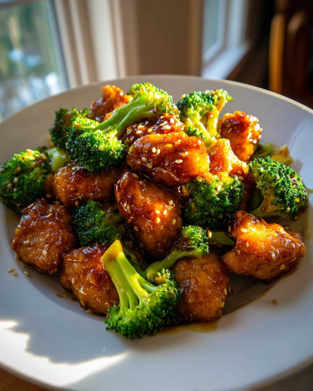 Close-up of glossy honey garlic chicken and broccoli florets sprinkled with sesame seeds.