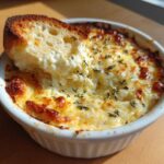 A close-up of a hot, cheesy bread dip in a white ramekin with a piece of toasted bread dipped into it.