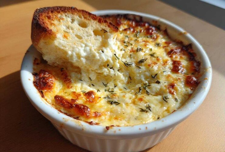 A close-up of a hot, cheesy bread dip in a white ramekin with a piece of toasted bread dipped into it.