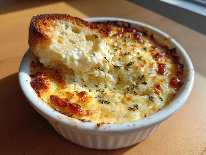 A close-up of a hot, cheesy bread dip in a white ramekin with a piece of toasted bread dipped into it.