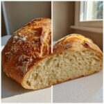 A split image showing the golden, crusty exterior and the open, airy crumb of a freshly baked italian bread.