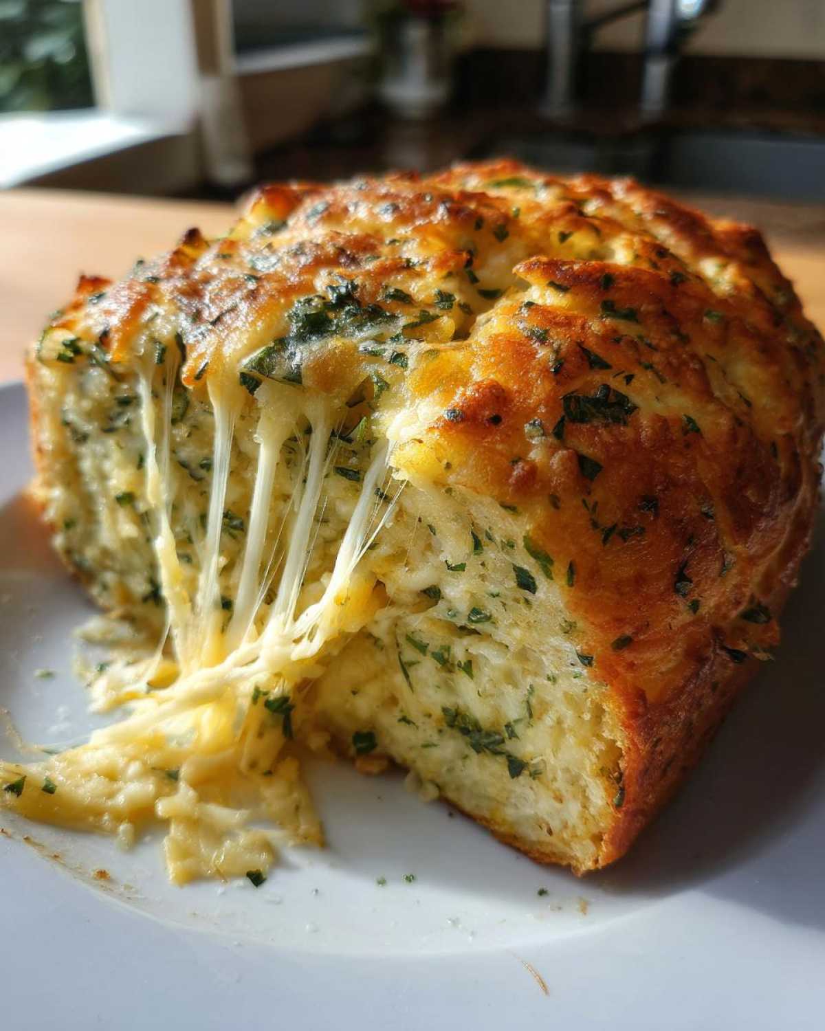 A close-up of Italian herb and cheese bread being pulled apart, showing long, melted cheese strings.