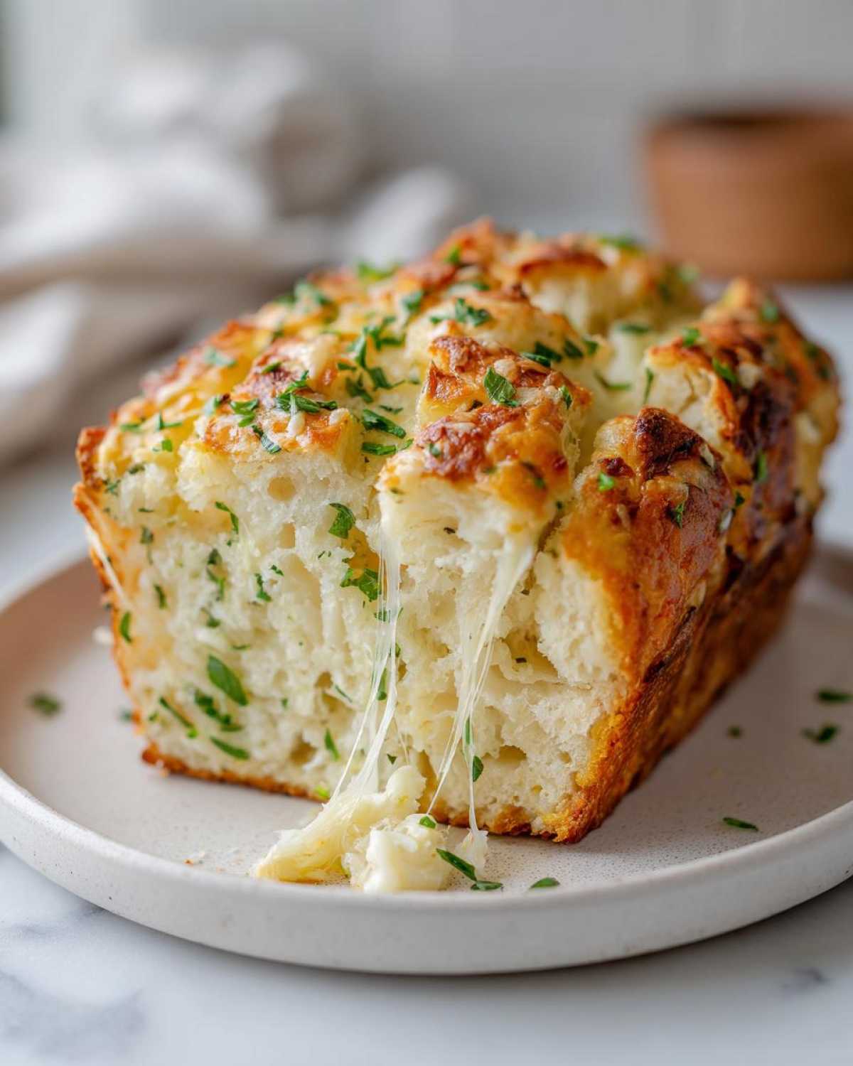 A loaf of Italian herb and cheese bread being pulled apart, showing melted, stringy cheese.