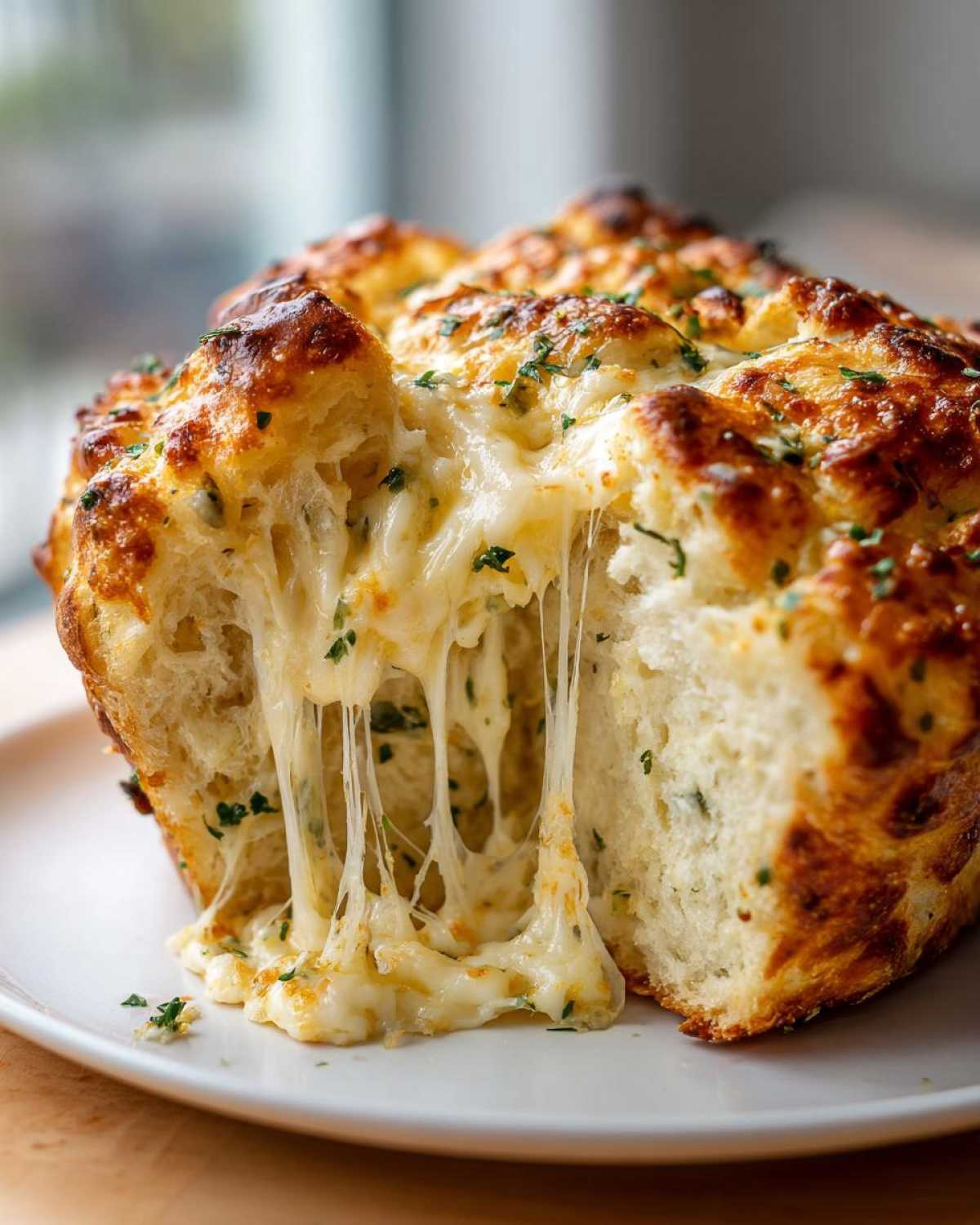 Close-up of Italian herb and cheese bread with extreme cheese pull, topped with herbs.