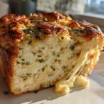 Close-up of a slice of Italian herb and cheese bread showing melted cheese stretching between pieces.