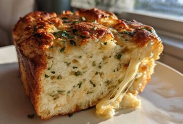 Close-up of a slice of Italian herb and cheese bread showing melted cheese stretching between pieces.