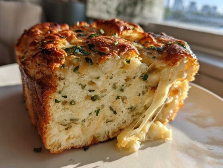 Close-up of a slice of Italian herb and cheese bread showing melted cheese stretching between pieces.