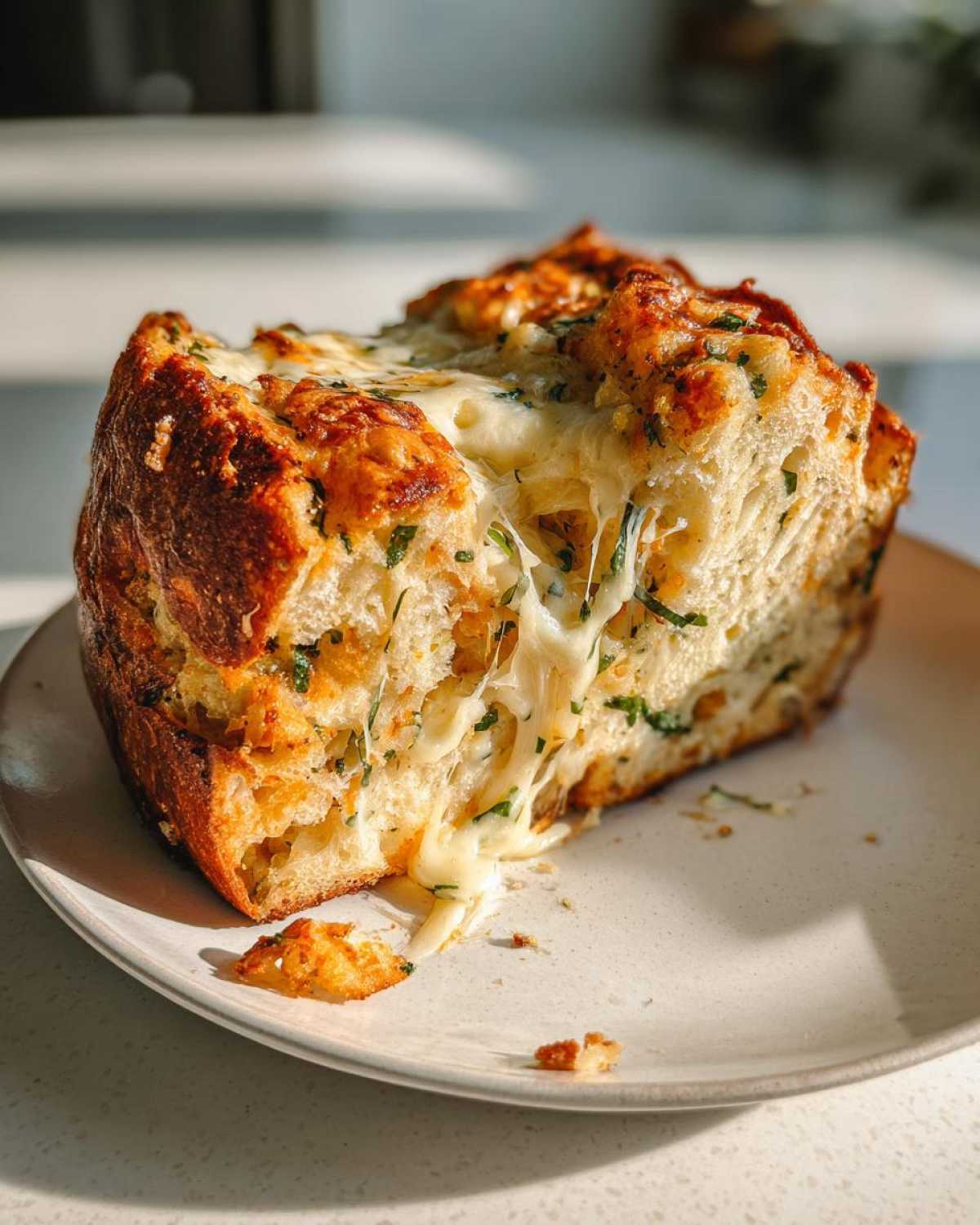 A close-up of a slice of Italian herb and cheese bread with melted, stringy cheese oozing out.