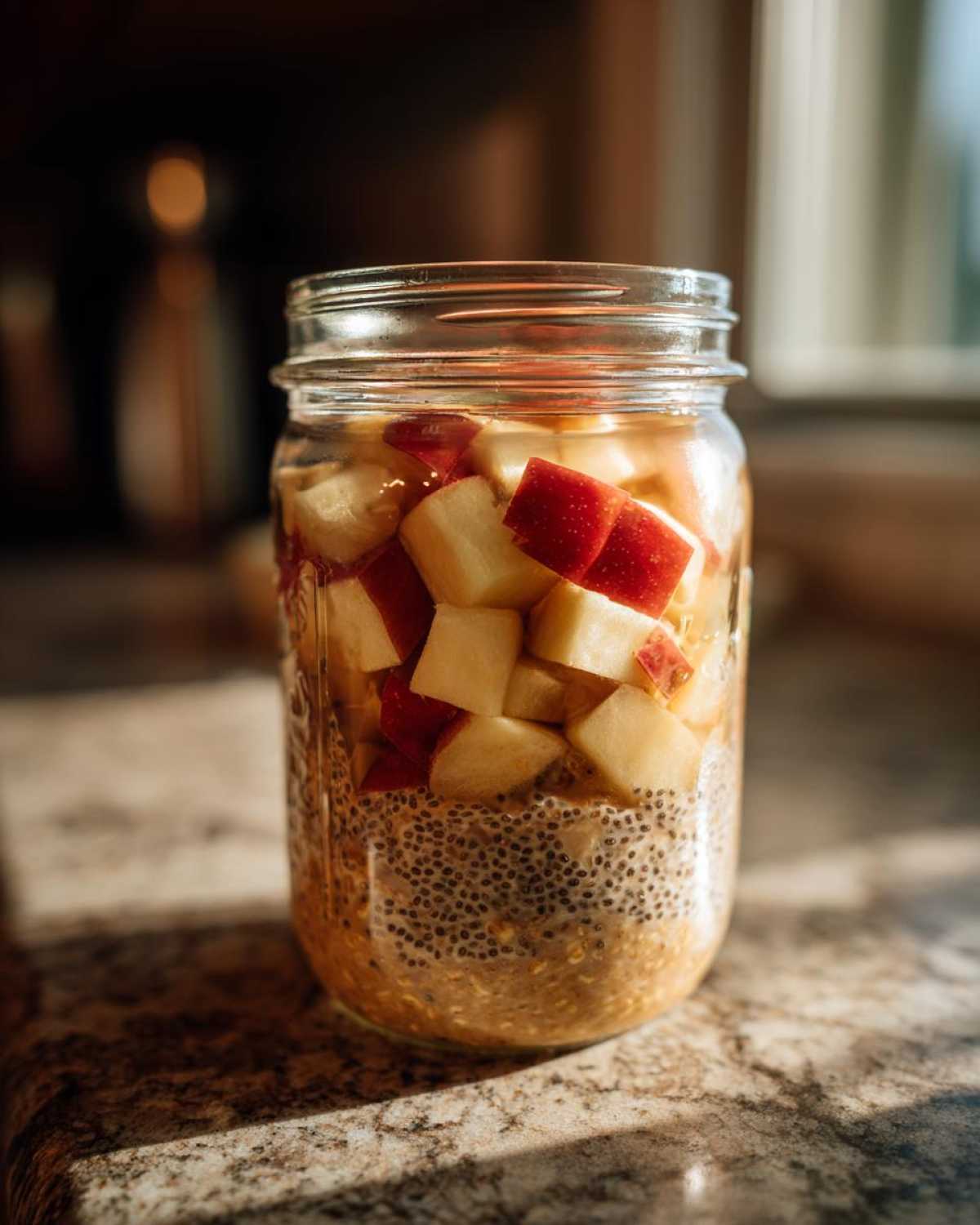 Close-up of apple cinnamon overnight oats layered with chia seeds and topped with diced red apples in a glass jar.