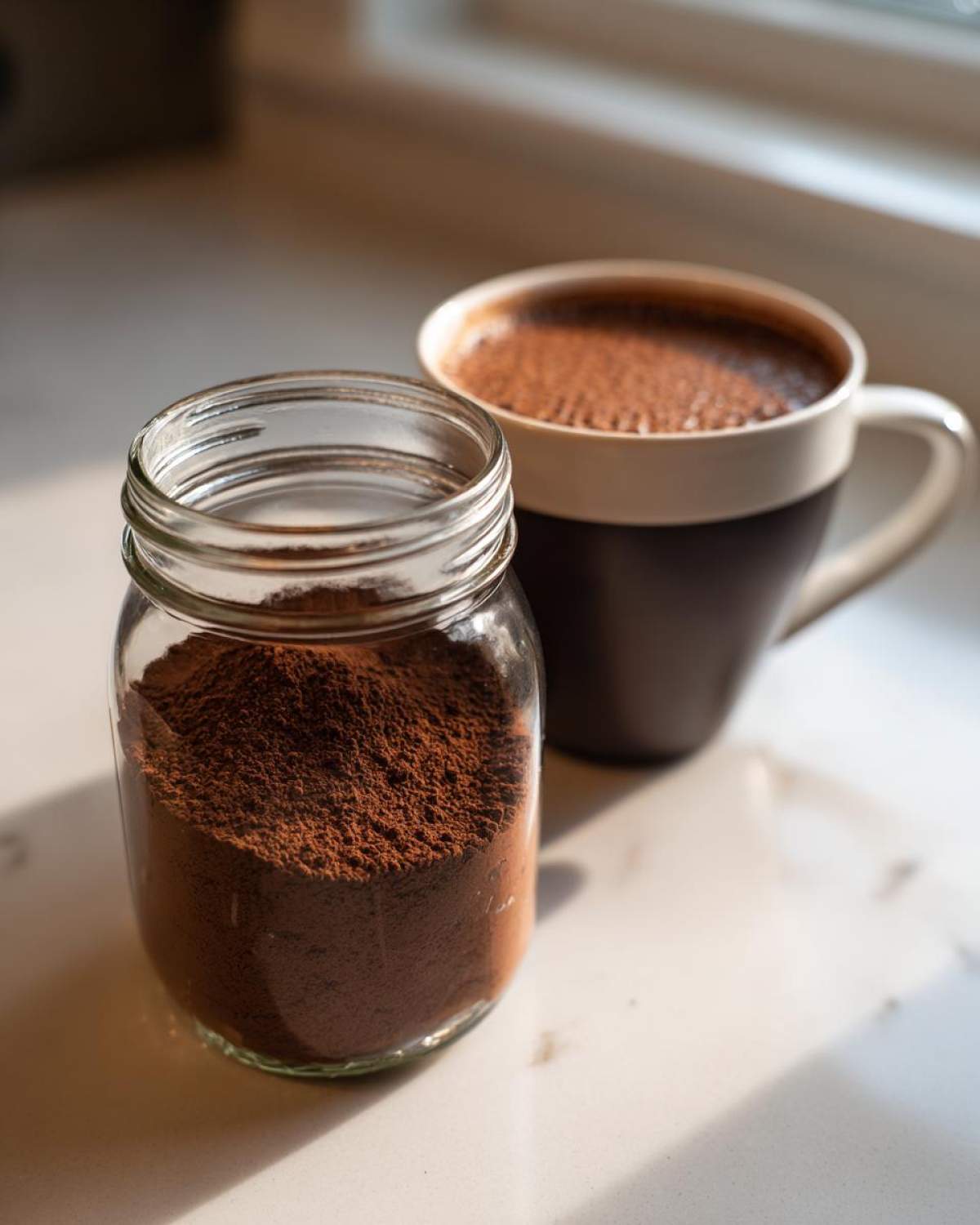 A glass jar filled with homemade hot cocoa mix powder next to a mug of prepared hot chocolate.