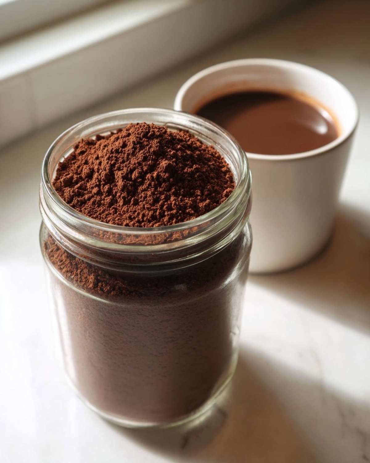 A glass jar filled high with rich, dark brown homemade hot cocoa mix next to a white mug of prepared hot chocolate.