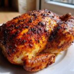 A whole roasted chicken with crispy, seasoned skin resting on a white plate, made using an air fryer whole chicken recipe.