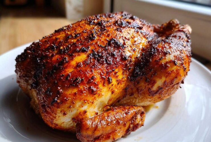 A whole roasted chicken with crispy, seasoned skin resting on a white plate, made using an air fryer whole chicken recipe.