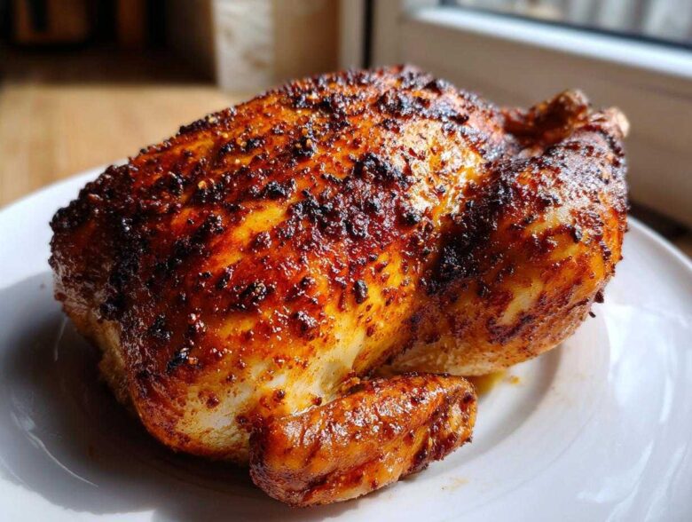 A whole roasted chicken with crispy, seasoned skin resting on a white plate, made using an air fryer whole chicken recipe.