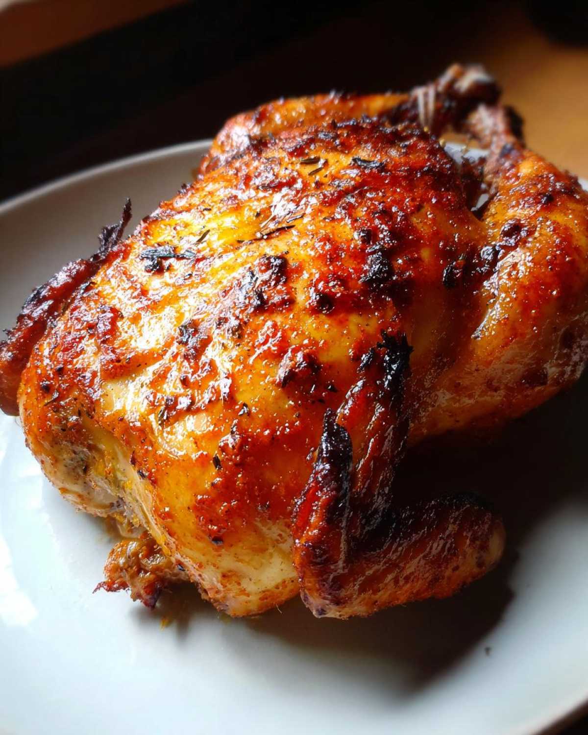 A whole roasted chicken with crispy, golden-brown skin resting on a white plate, showcasing the results of an air fryer whole chicken recipe.