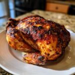 A beautifully roasted air fryer whole chicken with crispy, dark brown skin resting on a white plate.