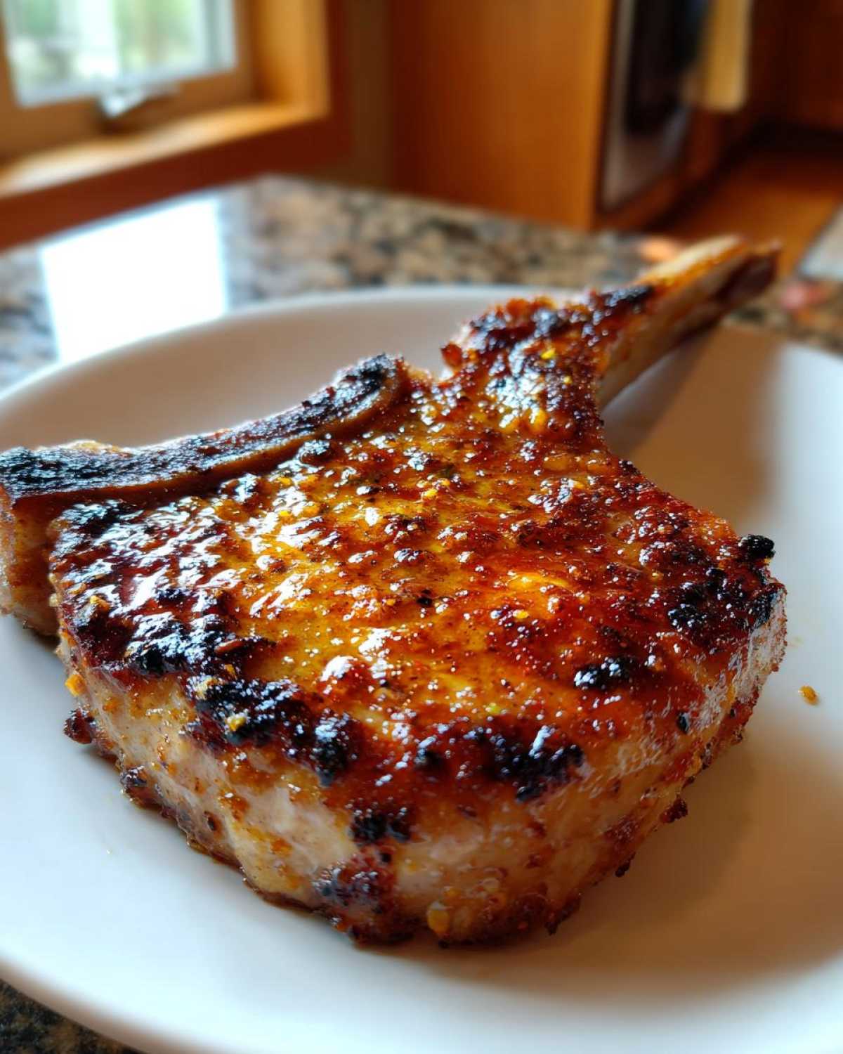 Close-up of a thick, bone-in pork chop coated in a glossy, caramelized marinade for pork chops.