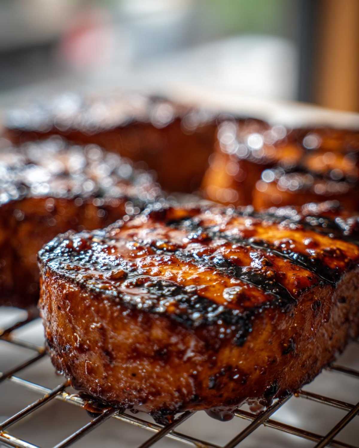 Close-up of a thick, juicy pork steak recipe cut, heavily glazed and caramelized, resting on a wire cooling rack.