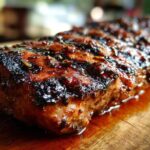 Close-up of a thick, juicy pork steak recipe cut, caramelized with a dark glaze, resting on a wooden board.