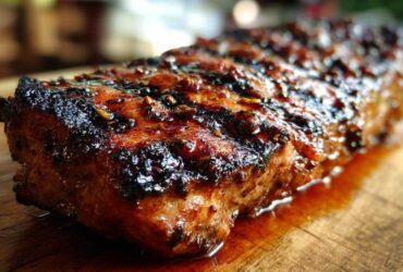 Close-up of a thick, juicy pork steak recipe cut, caramelized with a dark glaze, resting on a wooden board.