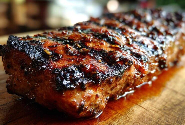 Close-up of a thick, juicy pork steak recipe cut, caramelized with a dark glaze, resting on a wooden board.