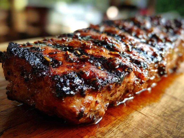 Close-up of a thick, juicy pork steak recipe cut, caramelized with a dark glaze, resting on a wooden board.