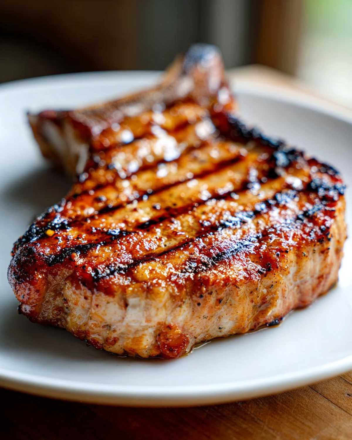 Close-up of a thick, juicy grilled pork chop showing perfect char marks from the grill, likely using the best marinade for pork chops.