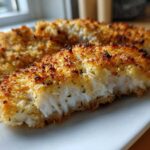 Close-up of a piece of juicy parmesan crusted chicken showing the flaky white interior and golden crust.
