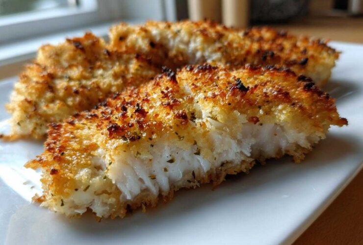 Close-up of a piece of juicy parmesan crusted chicken showing the flaky white interior and golden crust.